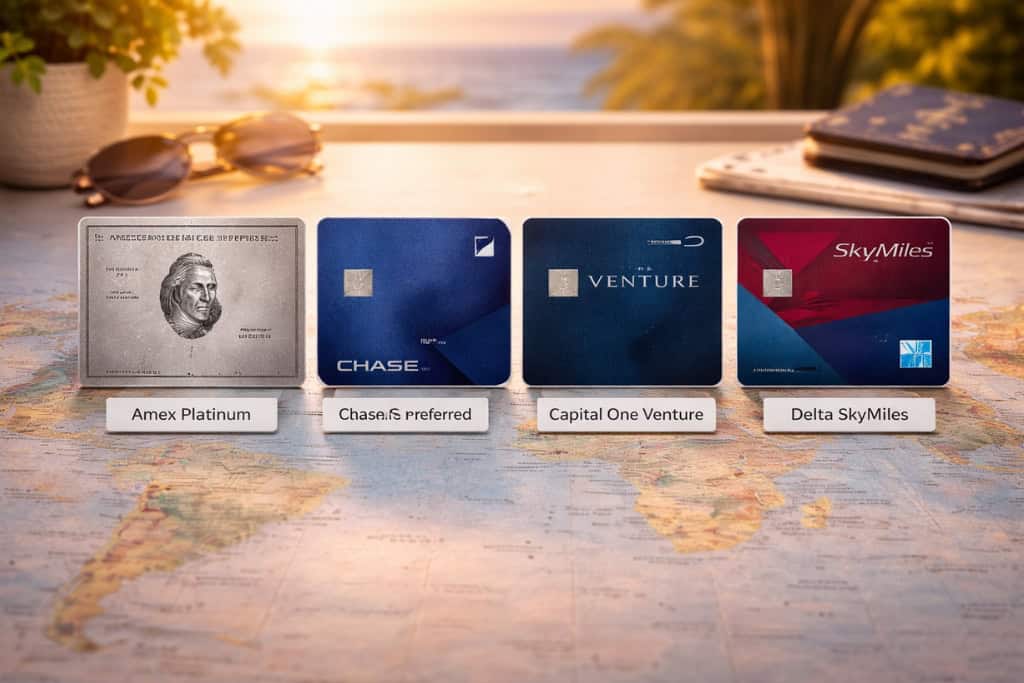 Travel credit cards displayed over a map representing rewards points and travel benefits