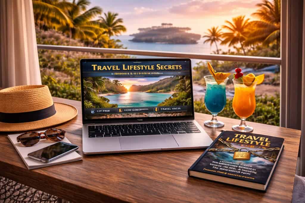 booking travel online using laptop with travel planning system and guidebook