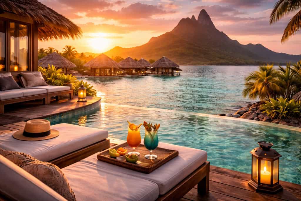 Luxury Bora Bora overwater bungalows and infinity pool at sunset with ocean view