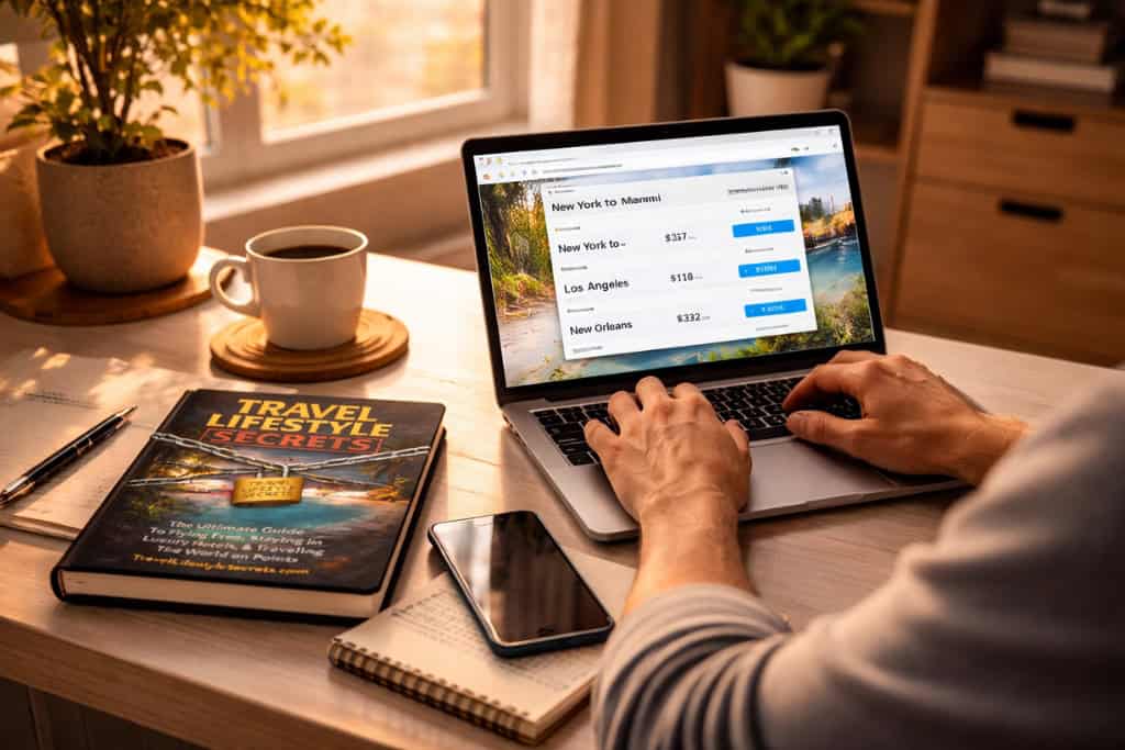 Person booking cheap flights on a laptop at a home desk with Travel Lifestyle Secrets book nearby
