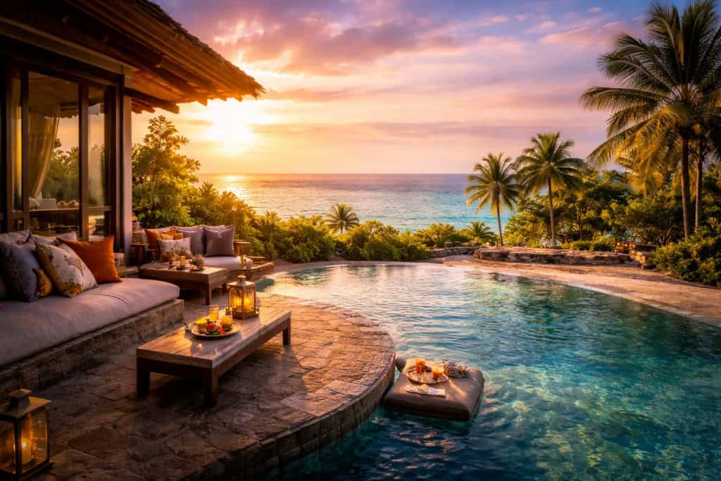 Luxury tropical villa with infinity pool overlooking the ocean at sunset