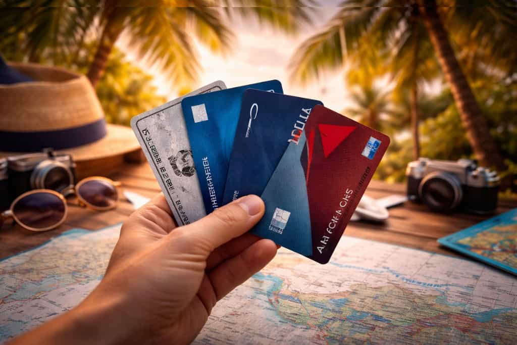 Travel credit cards held over map representing points and rewards travel strategy