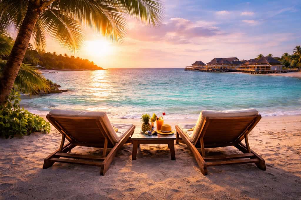 Luxury tropical beach destination at sunset with lounge chairs and ocean view