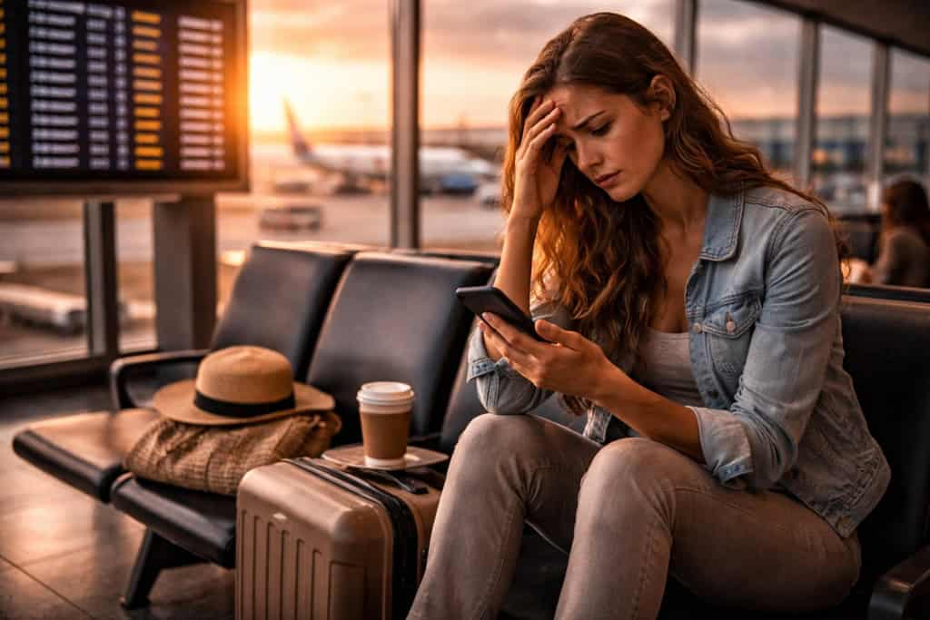 Frustrated traveler sitting in airport terminal looking at phone with delayed flight board behind
